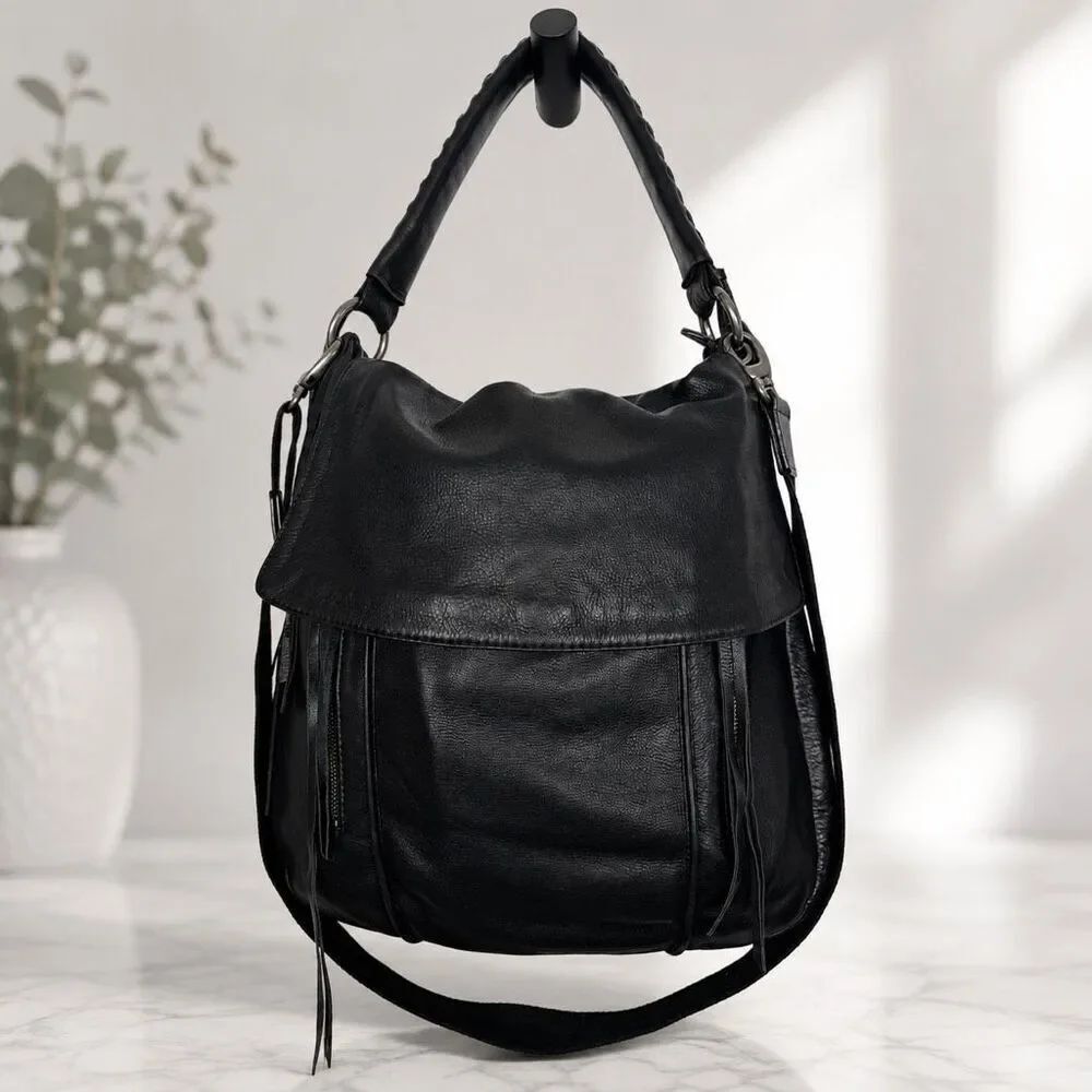 Christopher Kon Black Leather Hobo Crossbody Bag Braided Strap Fringe Tassels